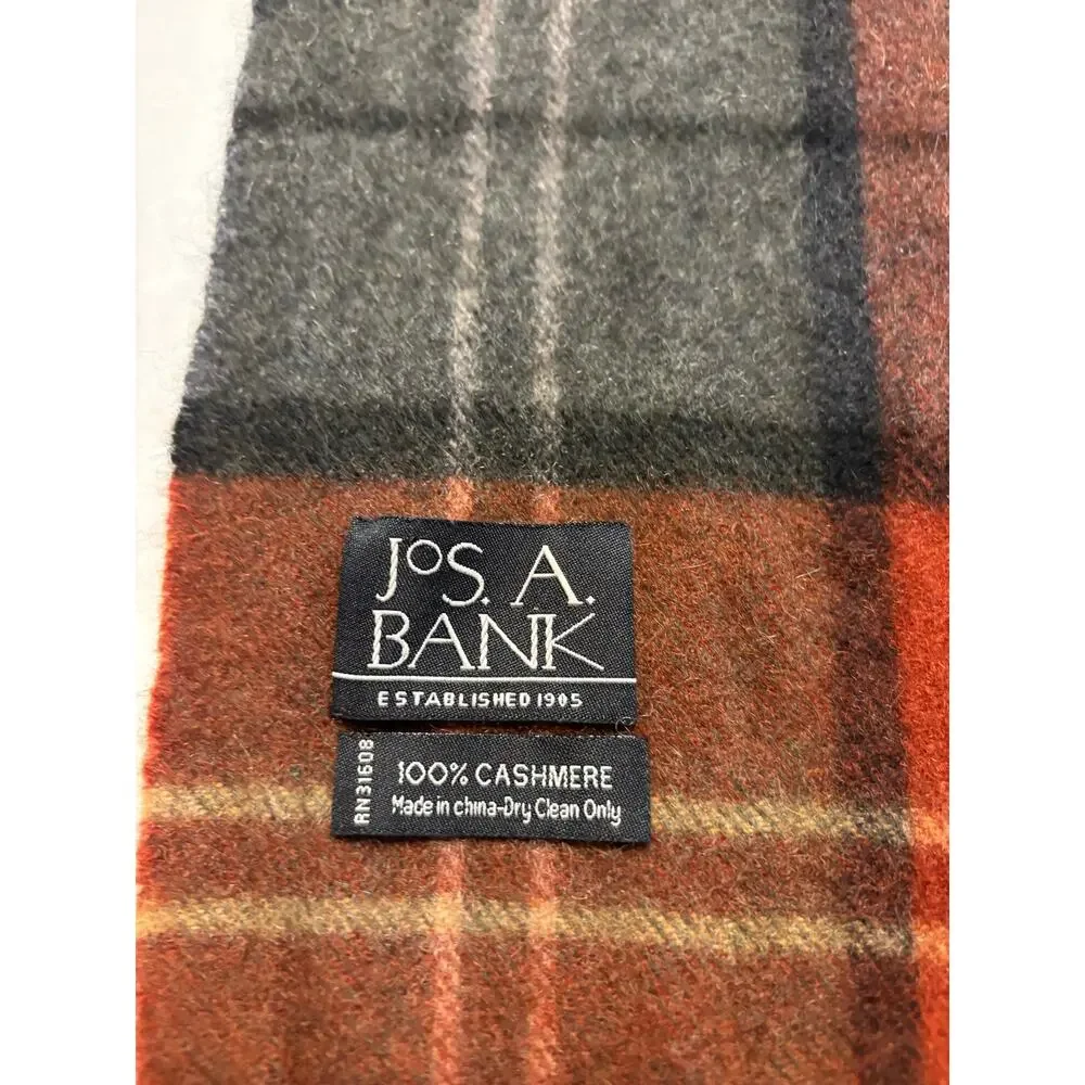 Jos. A. Bank 100% Cashmere Scarf Plaid Red Grey Neutral Winter Unisex